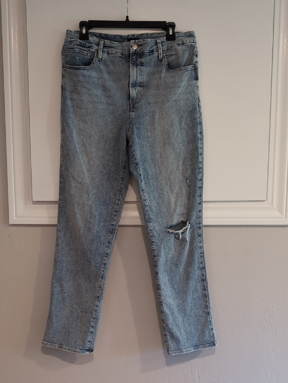 Express Light Blue Straight Leg Jeans with Knee Distress, 12.